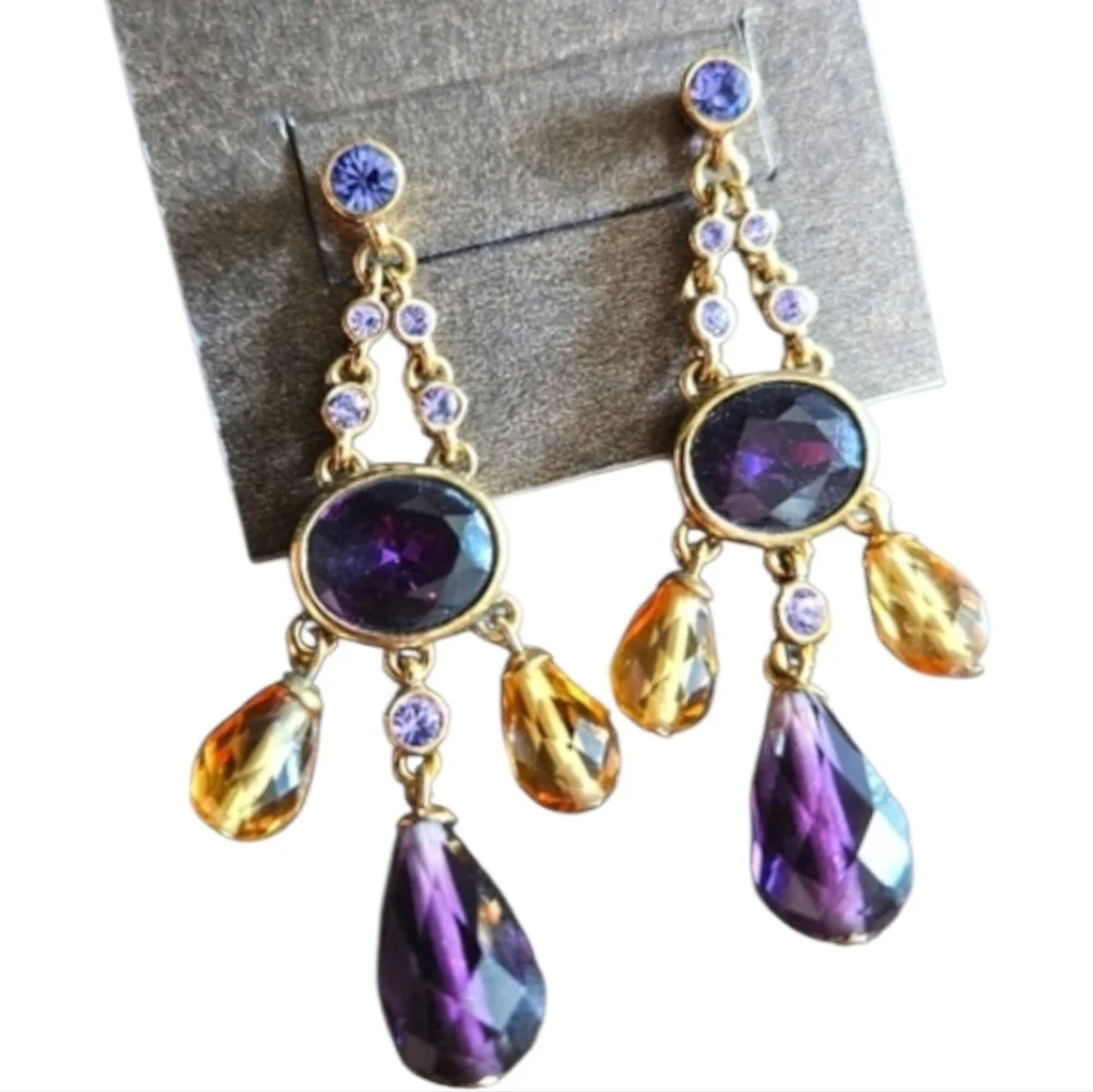 NWT Carolee Purple & Gold Crystal Drop Earrings - Picture 1 of 4